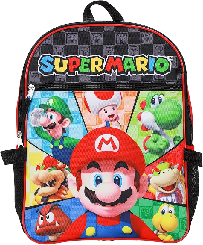 Super Mario Bros. Character Tiles Kids 16 Backpack and Lunch Bag 5 Piece Set