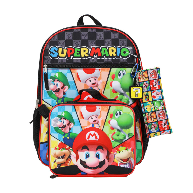 Super Mario Bros. Character Tiles Kids 16 Backpack and Lunch Bag 5 Piece Set