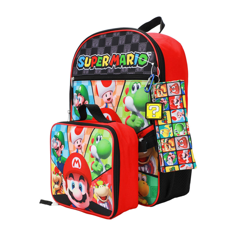 Super Mario Bros. Character Tiles Kids 16 Backpack and Lunch Bag 5 Piece Set