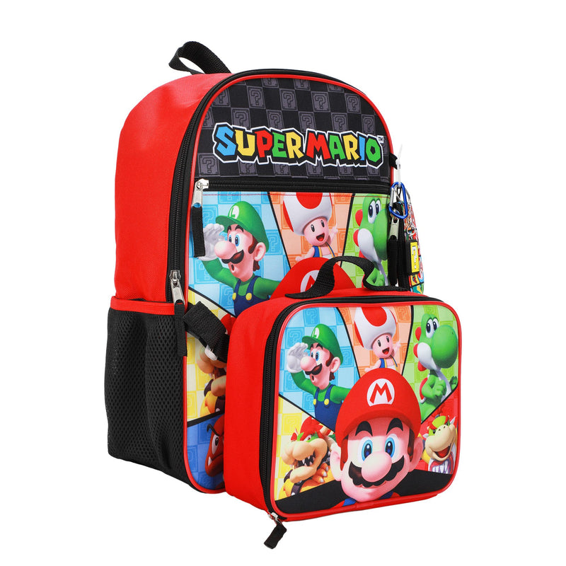 Super Mario Bros. Character Tiles Kids 16 Backpack and Lunch Bag 5 Piece Set