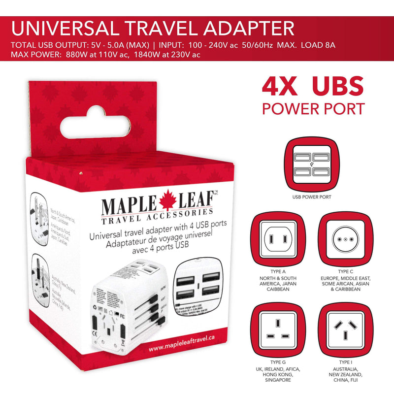 Maple Leaf International Universal Travel Adapter Plug w/ 4 USB Charging Ports